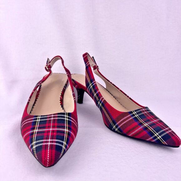 Isaac Mizrahi New York Tartan Red Plaid Slingback Kitten Heels Womens 8 Holiday - Picture 3 of 14